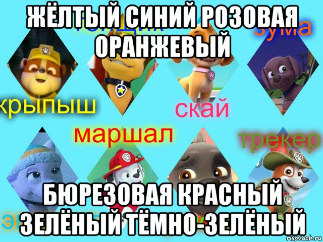 жёлтый синий розовая оранжевый бюрезовая красный зелёный тёмно-зелёный, Мем Щенячий патруль