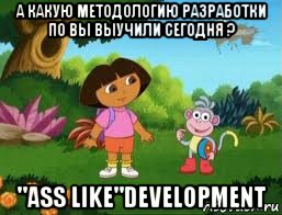 а какую методологию разработки по вы выучили сегодня ? "ass like"development, Мем Даша следопыт