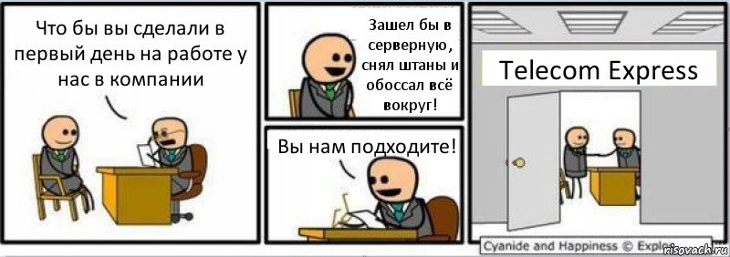 Что бы вы сделали в первый день на работе у нас в компании Зашел бы в серверную, снял штаны и обоссал всё вокруг! Вы нам подходите! Telecom Express, Комикс Собеседование на работу