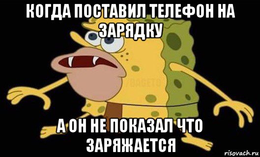 когда поставил телефон на зарядку а он не показал что заряжается, Мем Губка Боб дикарь