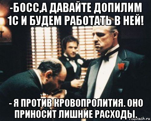 -босс,а давайте допилим 1с и будем работать в ней! - я против кровопролития. оно приносит лишние расходы.