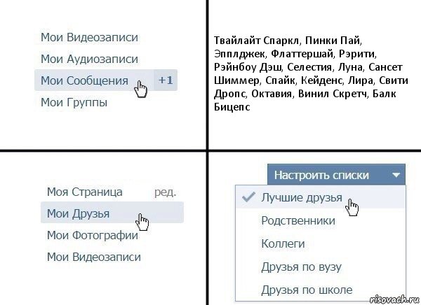 Твайлайт Спаркл, Пинки Пай, Эпплджек, Флаттершай, Рэрити, Рэйнбоу Дэш, Селестия, Луна, Сансет Шиммер, Спайк, Кейденс, Лира, Свити Дропс, Октавия, Винил Скретч, Балк Бицепс, Комикс  Лучшие друзья