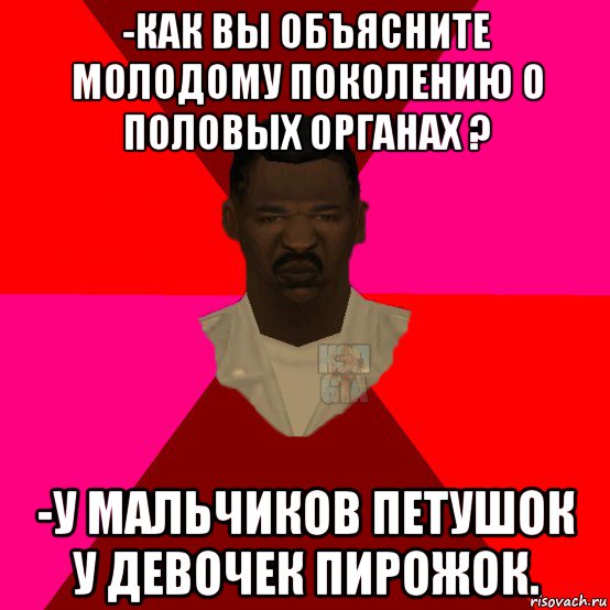 -как вы объясните молодому поколению о половых органах ? -у мальчиков петушок у девочек пирожок., Мем  Медикcapgta