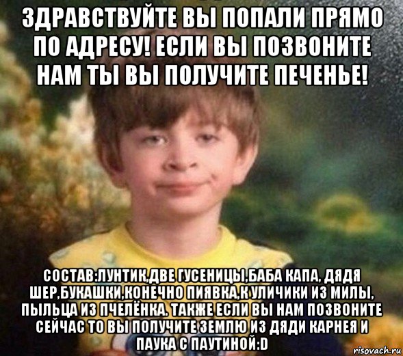 здравствуйте вы попали прямо по адресу! если вы позвоните нам ты вы получите печенье! состав:лунтик,две гусеницы,баба капа, дядя шер,букашки,конечно пиявка,к уличики из милы, пыльца из пчелёнка. также если вы нам позвоните сейчас то вы получите землю из дяди карнея и паука с паутиной:d, Мем Недовольный пацан