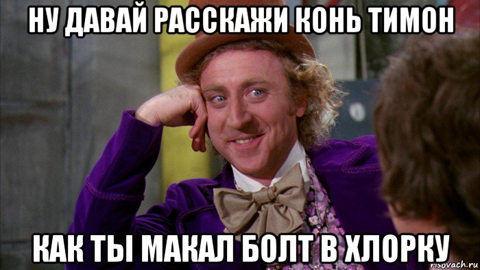 ну давай расскажи конь тимон как ты макал болт в хлорку, Мем Ну давай расскажи (Вилли Вонка)