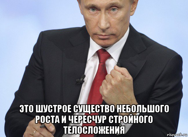  это шустрое существо небольшого роста и чересчур стройного телосложения, Мем Путин показывает кулак