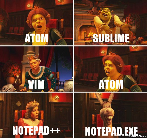 Atom Sublime vim Atom notepad++ notepad.exe, Комикс  Шрек Фиона Гарольд Осел