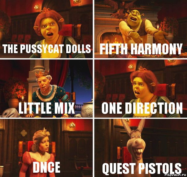 The pussycat dolls fifth harmony little mix one direction dnce quest pistols, Комикс  Шрек Фиона Гарольд Осел