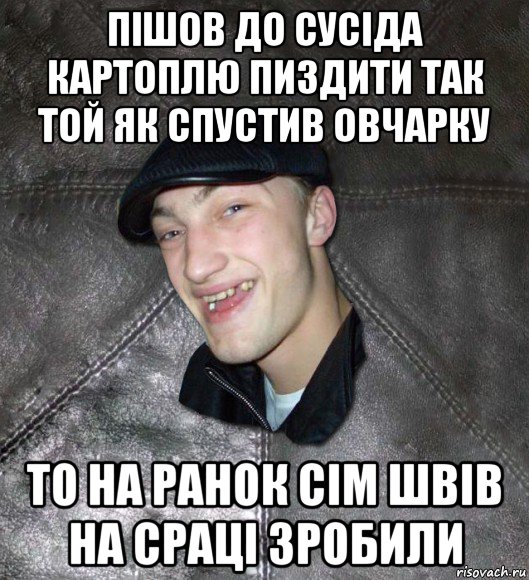 пішов до сусіда картоплю пиздити так той як спустив овчарку то на ранок сім швів на сраці зробили, Мем Тут Апасна