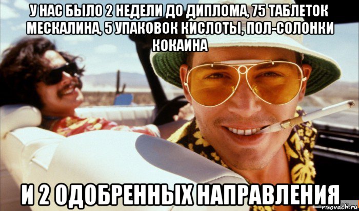 у нас было 2 недели до диплома, 75 таблеток мескалина, 5 упаковок кислоты, пол-солонки кокаина и 2 одобренных направления
