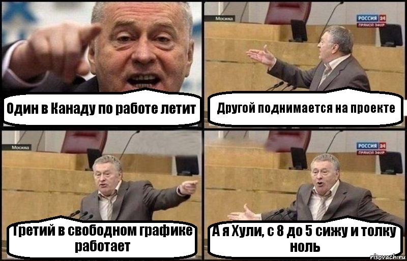 Один в Канаду по работе летит Другой поднимается на проекте Третий в свободном графике работает А я Хули, с 8 до 5 сижу и толку ноль, Комикс Жириновский