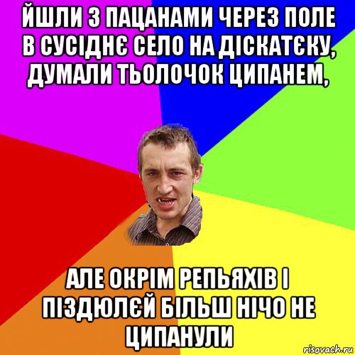 йшли з пацанами через поле в сусіднє село на діскатєку, думали тьолочок ципанем, але окрім репьяхів і піздюлєй більш нічо не ципанули, Мем Чоткий паца