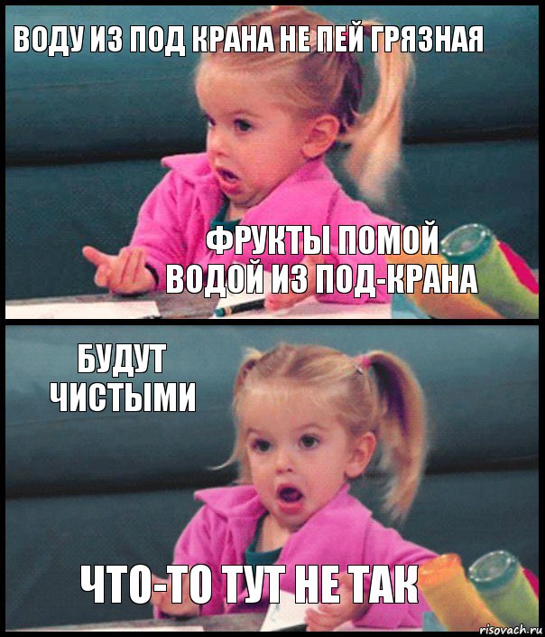 Воду из под крана не пей грязная фрукты помой водой из под-крана Будут чистыми Что-то тут не так, Комикс  Возмущающаяся девочка