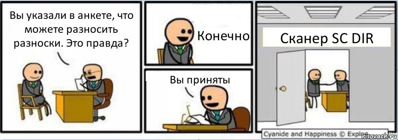 Вы указали в анкете, что можете разносить разноски. Это правда? Конечно Вы приняты Сканер SC DIR, Комикс Собеседование на работу