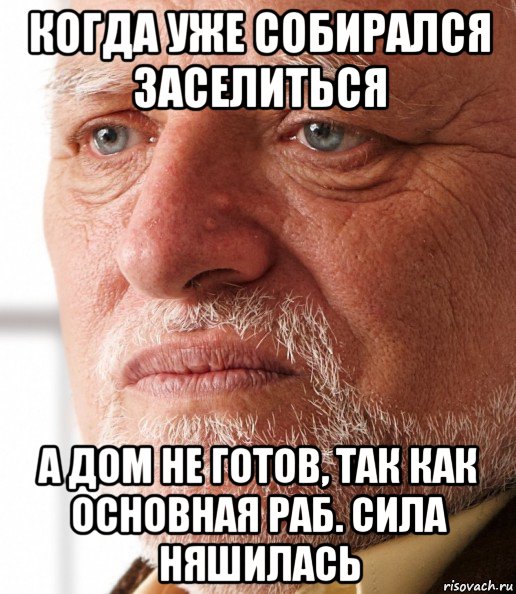 когда уже собирался заселиться а дом не готов, так как основная раб. сила няшилась, Мем Грустный дед Гарольд