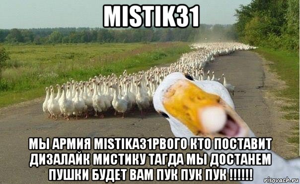 mistik31 мы армия mistika31рвого кто поставит дизалайк мистику тагда мы достанем пушки будет вам пук пук пук !!!!!!, Мем гуси