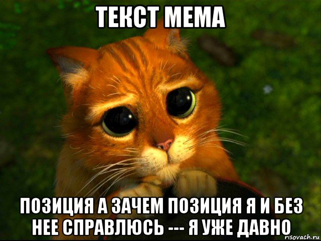 текст мема позиция а зачем позиция я и без нее справлюсь --- я уже давно, Мем кот из шрека