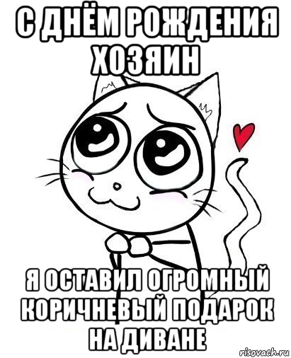 с днём рождения хозяин я оставил огромный коричневый подарок на диване, Мем  Котейка-няша