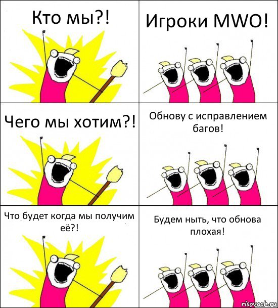 Кто мы?! Игроки MWO! Чего мы хотим?! Обнову с исправлением багов! Что будет когда мы получим её?! Будем ныть, что обнова плохая!, Комикс кто мы