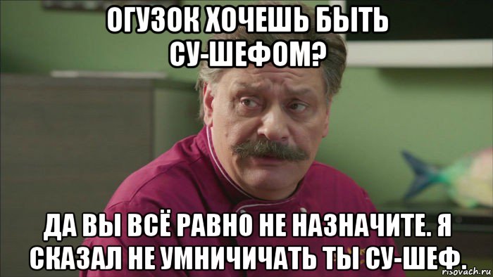 огузок хочешь быть су-шефом? да вы всё равно не назначите. я сказал не умничичать ты су-шеф.