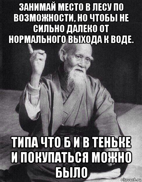 занимай место в лесу по возможности, но чтобы не сильно далеко от нормального выхода к воде. типа что б и в теньке и покупаться можно было, Мем Монах-мудрец (сэнсей)