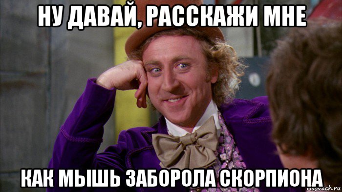 ну давай, расскажи мне как мышь заборола скорпиона, Мем Ну давай расскажи (Вилли Вонка)