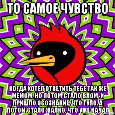 то самое чувство когда хотел ответить тебе так же мемом, но потом стало влом, и пришло осознание, что тупо, а потом стало жалко, что уже начал, Мем Омская птица