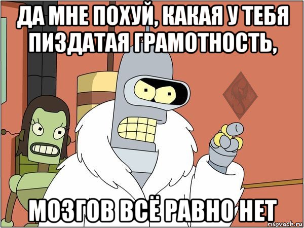 да мне похуй, какая у тебя пиздатая грамотность, мозгов всё равно нет, Мем ОР Бендер