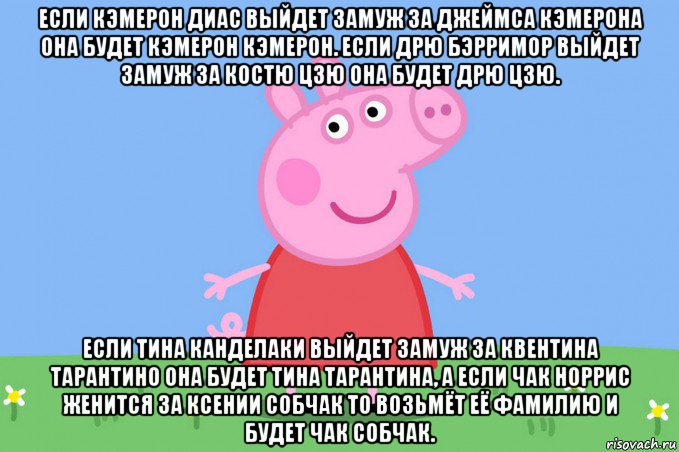 если кэмерон диас выйдет замуж за джеймса кэмерона она будет кэмерон кэмерон. если дрю бэрримор выйдет замуж за костю цзю она будет дрю цзю. если тина канделаки выйдет замуж за квентина тарантино она будет тина тарантина, а если чак норрис женится за ксении собчак то возьмёт её фамилию и будет чак собчак.