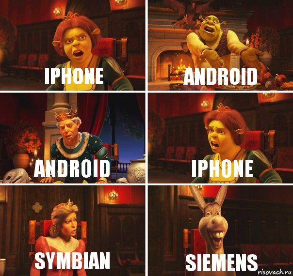 iPhone ANDROID ANDROID iPHONE SYMBIAN SIEMENS, Комикс  Шрек Фиона Гарольд Осел