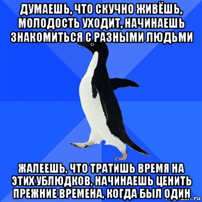 думаешь, что скучно живёшь, молодость уходит, начинаешь знакомиться с разными людьми жалеешь, что тратишь время на этих ублюдков, начинаешь ценить прежние времена, когда был один, Мем  Социально-неуклюжий пингвин