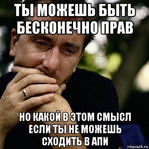 ты можешь быть бесконечно прав но какой в этом смысл если ты не можешь сходить в апи, Мем Тим рот плачет