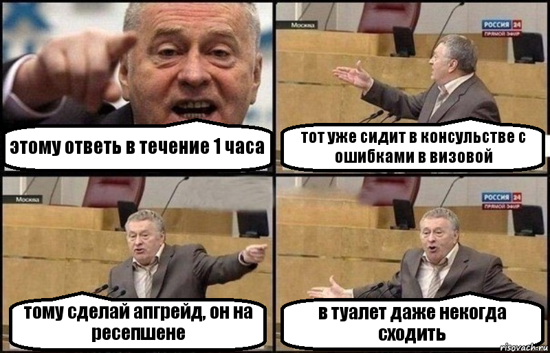 этому ответь в течение 1 часа тот уже сидит в консульстве с ошибками в визовой тому сделай апгрейд, он на ресепшене в туалет даже некогда сходить, Комикс Жириновский