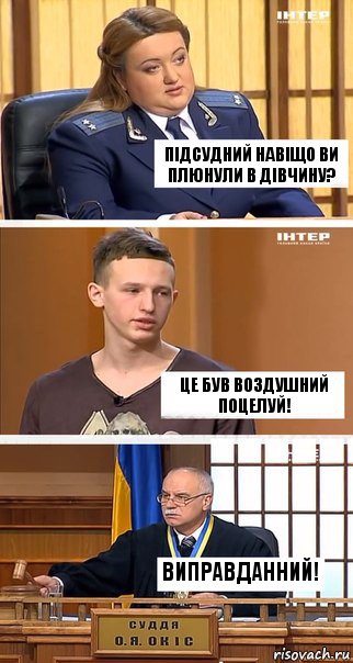 ПІДСУДНИЙ НАВІЩО ВИ ПЛЮНУЛИ В ДІВЧИНУ? ЦЕ БУВ ВОЗДУШНИЙ ПОЦЕЛУЙ! ВИПРАВДАННИЙ!