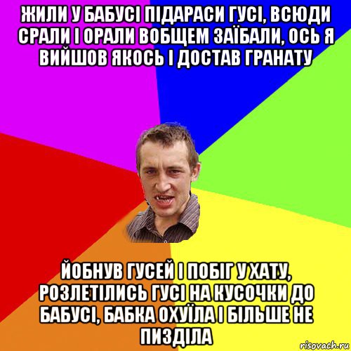 жили у бабусі підараси гусі, всюди срали і орали вобщем заїбали, ось я вийшов якось і достав гранату йобнув гусей і побіг у хату, розлетілись гусі на кусочки до бабусі, бабка охуїла і більше не пизділа, Мем Чоткий паца