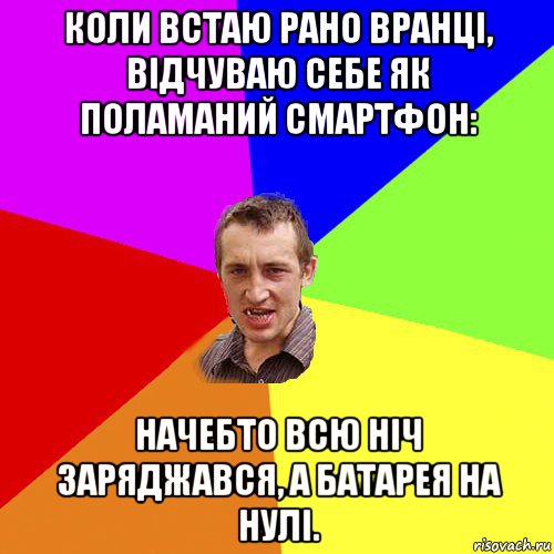 коли встаю рано вранці, відчуваю себе як поламаний смартфон: начебто всю ніч заряджався, а батарея на нулі., Мем Чоткий паца