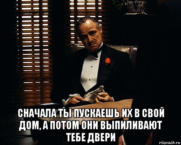  сначала ты пускаешь их в свой дом, а потом они выпиливают тебе двери, Мем Дон Вито Корлеоне