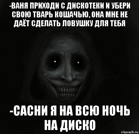 -ваня приходи с дискотеки и убери свою тварь кошачью, она мне не даёт сделать ловушку для тебя -сасни я на всю ночь на диско, Мем Ночной гость