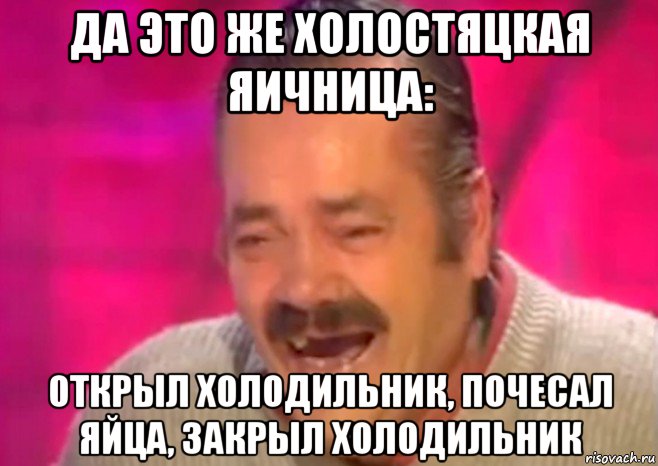 да это же холостяцкая яичница: открыл холодильник, почесал яйца, закрыл холодильник, Мем  Испанец