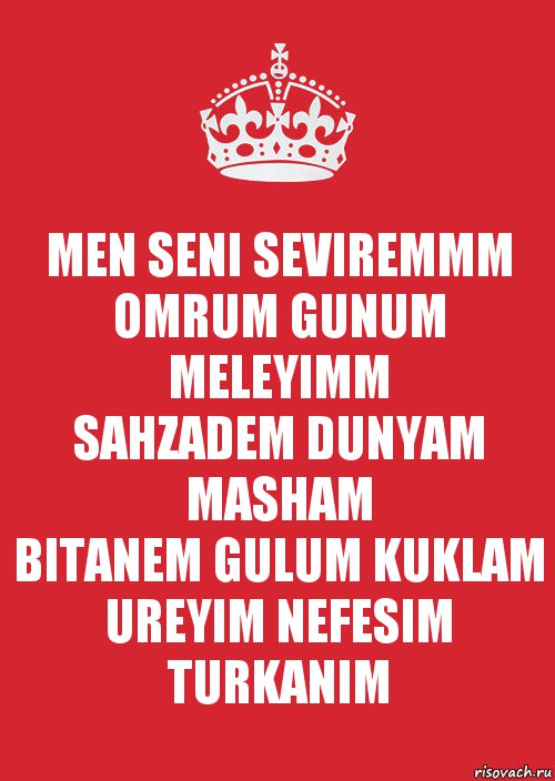 MEN SENI SEVIREMMM
OMRUM GUNUM MELEYIMM
SAHZADEM DUNYAM MASHAM
BITANEM GULUM KUKLAM
UREYIM NEFESIM TURKANIM, Комикс Keep Calm 3