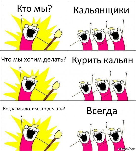 Кто мы? Кальянщики Что мы хотим делать? Курить кальян Когда мы хотим это делать? Всегда, Комикс кто мы