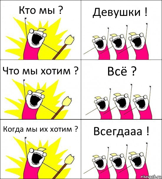 Кто мы ? Девушки ! Что мы хотим ? Всё ? Когда мы их хотим ? Всегдааа !