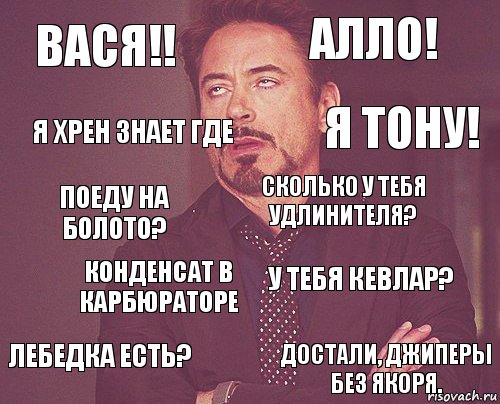 Вася!! Алло! Поеду на болото? Лебедка есть? У тебя кевлар? Сколько у тебя удлинителя? Конденсат в карбюраторе Достали, джиперы без якоря. Я Хрен знает где я тону!, Комикс мое лицо