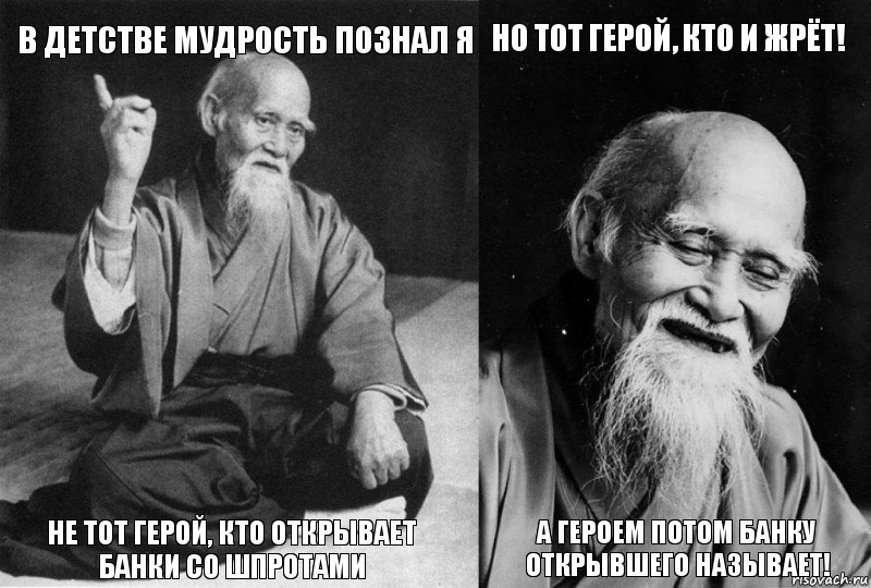 в детстве мудрость познал я не тот герой, кто открывает банки со шпротами но тот герой, кто и жрёт! а героем потом банку открывшего называет!, Комикс Мудрец-монах (4 зоны)