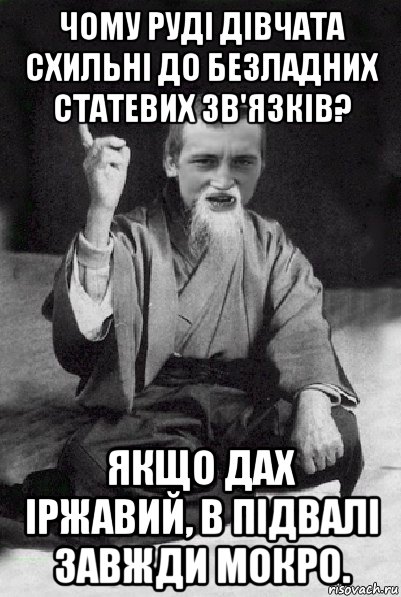 чому руді дівчата схильні до безладних статевих зв'язків? якщо дах іржавий, в підвалі завжди мокро., Мем Мудрий паца