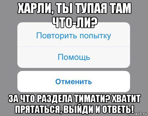 харли, ты тупая там что-ли? за что раздела тимати? хватит прятаться, выйди и ответь!, Мем Отменить Помощь Повторить попытку