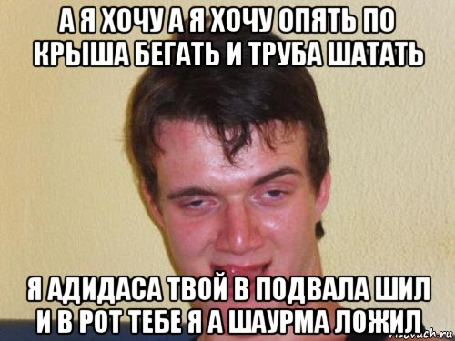 а я хочу а я хочу опять по крыша бегать и труба шатать я адидаса твой в подвала шил и в рот тебе я а шаурма ложил, Мем real high guy