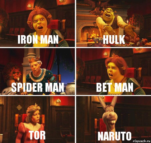 iron man hulk spider man bet man tor naruto, Комикс  Шрек Фиона Гарольд Осел