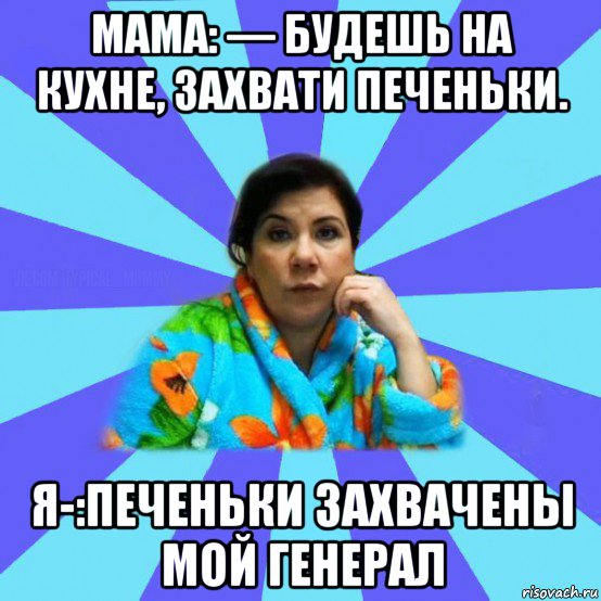 мама: — будешь на кухне, захвати печеньки. я-:печеньки захвачены мой генерал