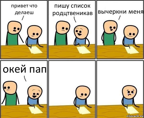 привет что
делаеш пишу список родцтвеникав вычеркни меня окей пап, Комикс Вычеркни меня